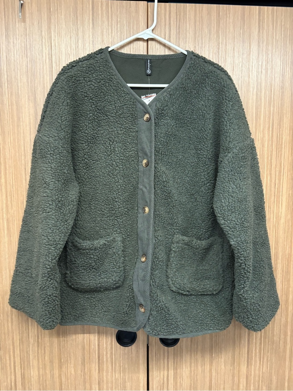 Women's Olive Teddy Jacket with Button Front - Picture 2 of 9